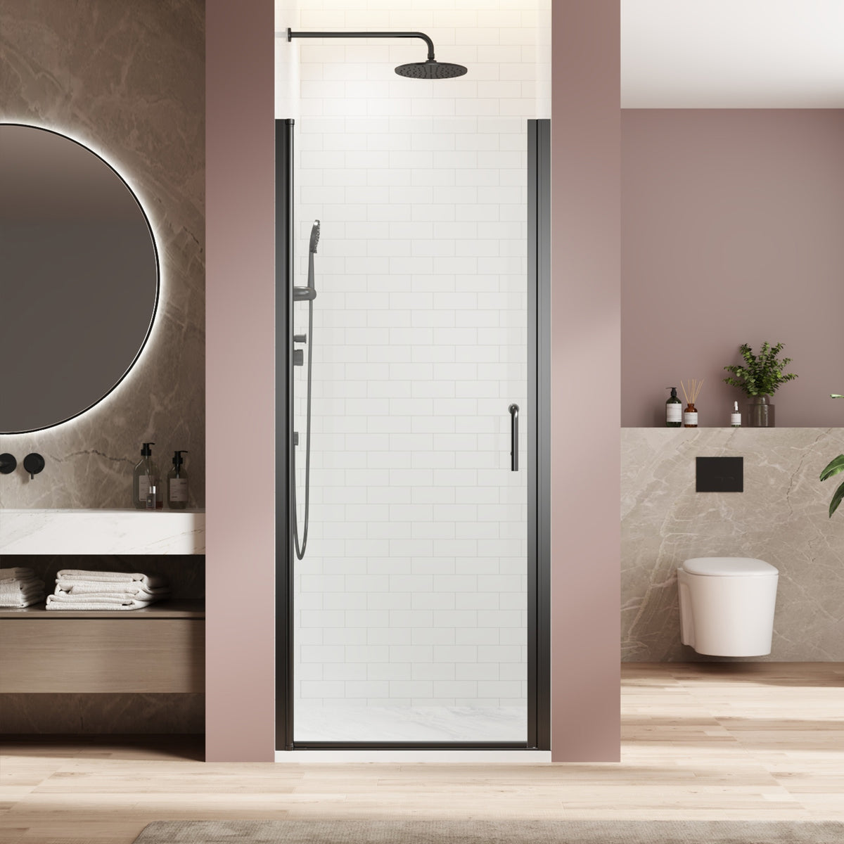 Pivot swing single glass panel shower door 34 in.W x 72 in.H,adjustable 33.5-35 inch frameless shower door with 1/4 inch clear tempered glass,matte black hardwares