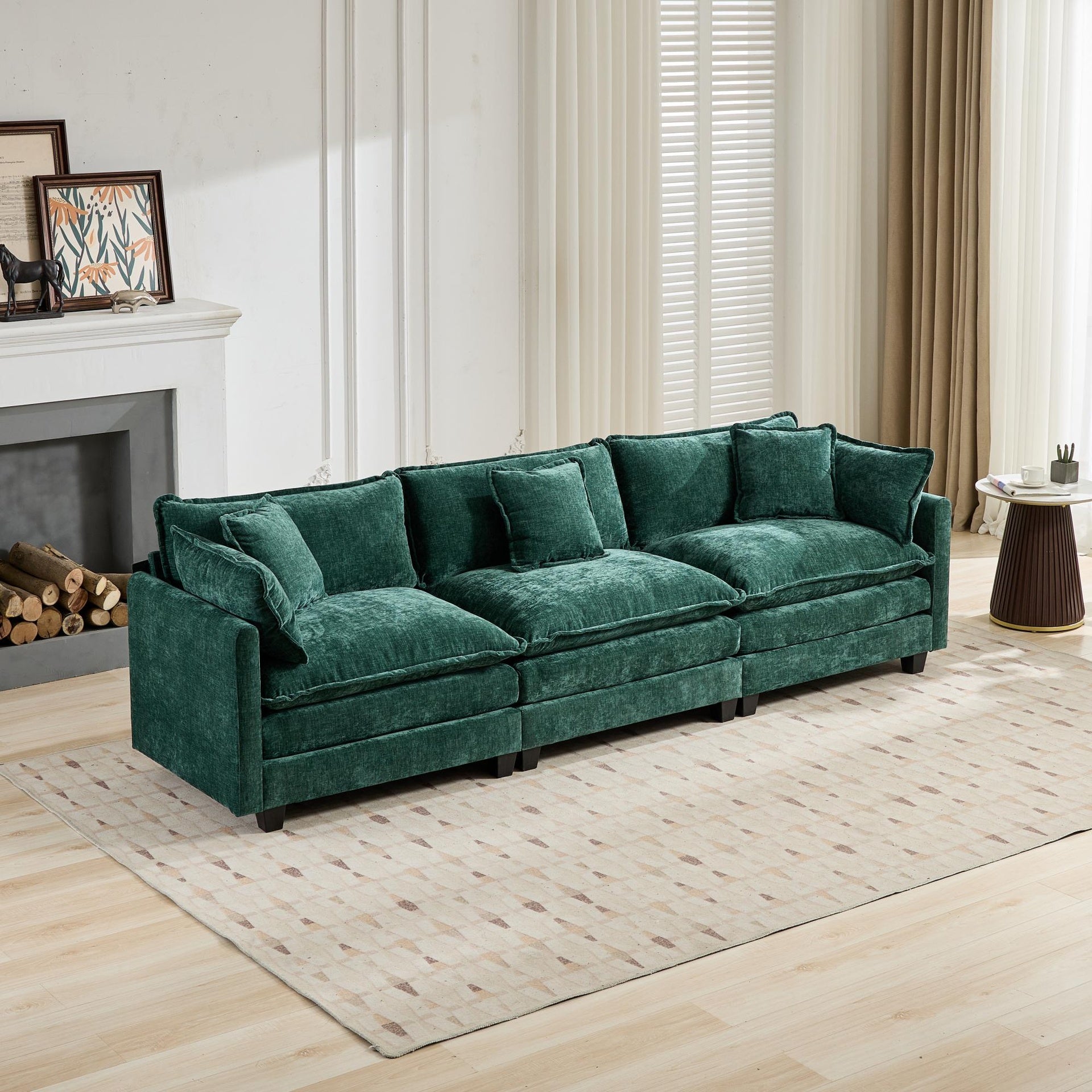 Cloud Sofa 3 Seats (Ottoman is not included), Modern Sectional Couch, for Living Room Bedroom and Apartment, Comfy Double Layer Upholstered Seat Cushion, Breathable Chenille Fabric,Green,SW5013GN