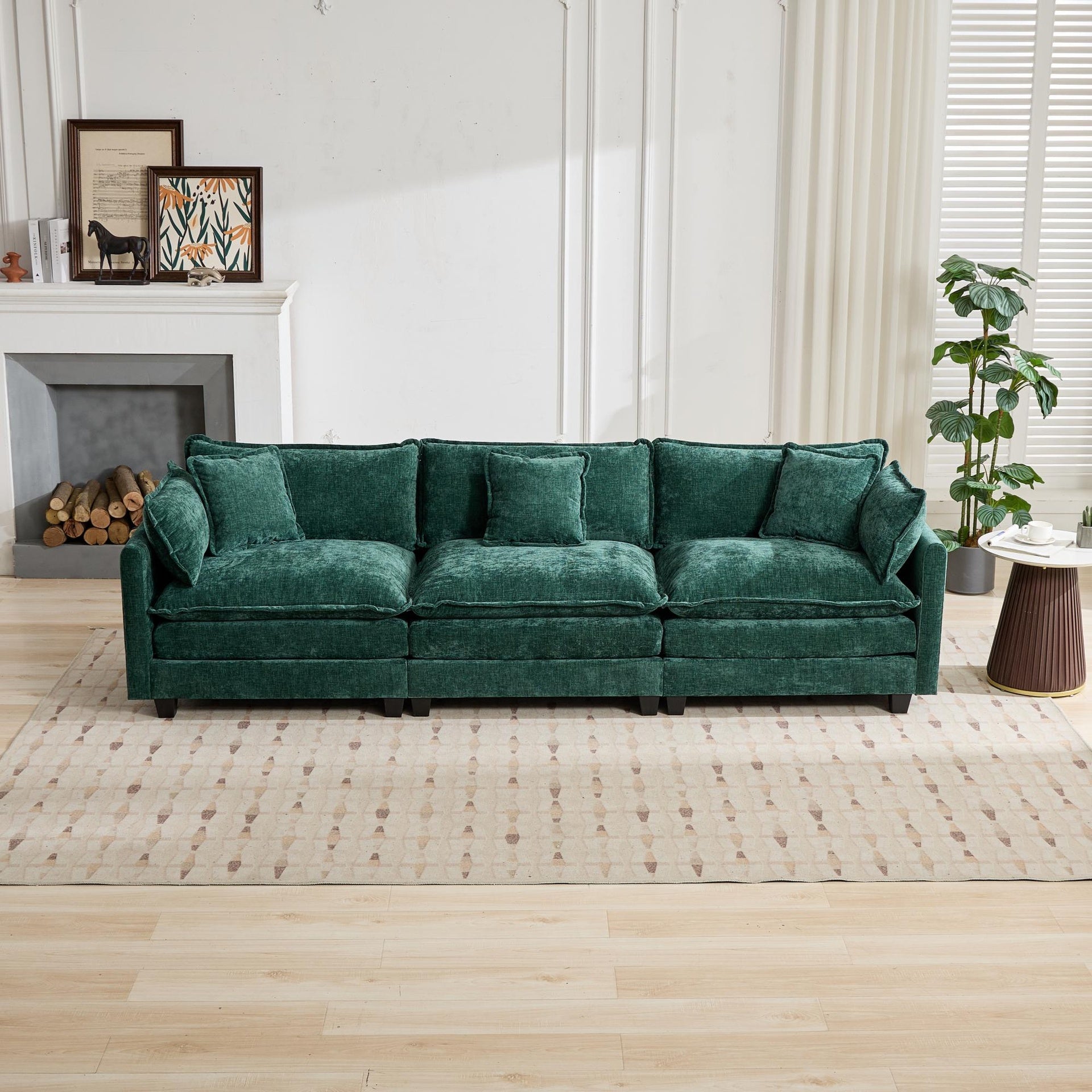 Cloud Sofa 3 Seats (Ottoman is not included), Modern Sectional Couch, for Living Room Bedroom and Apartment, Comfy Double Layer Upholstered Seat Cushion, Breathable Chenille Fabric,Green,SW5013GN