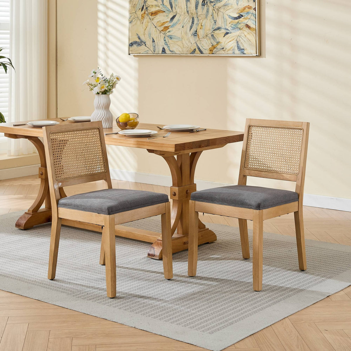 Farmhouse Rattan Dining Chairs Set of 2, Mid Century Modern Kitchen & Dining Room Chairs, Cane Upholstered Kitchen Side Chair with Natural Hardwood Frame, Gray