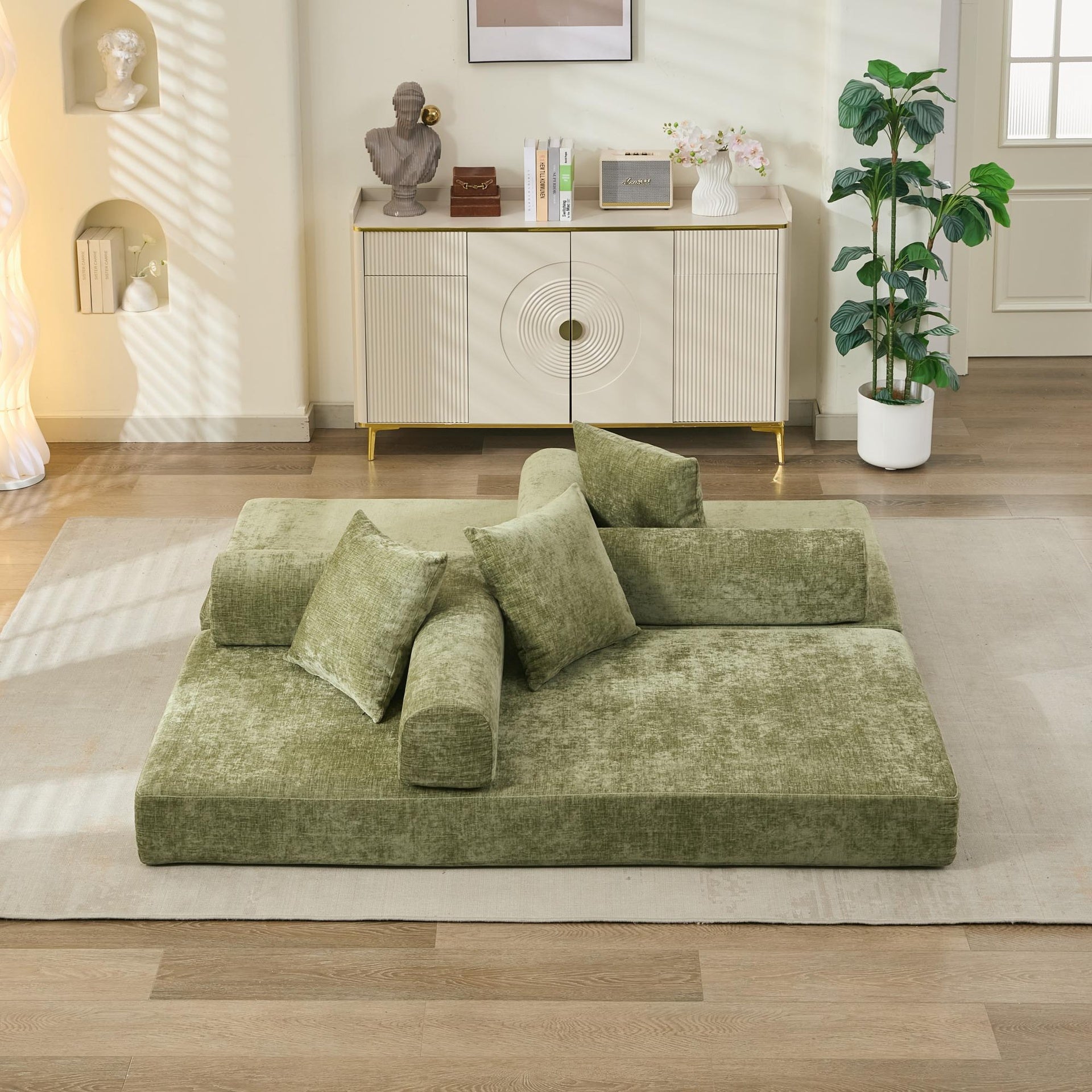 Comfy Convertible Folding Mattress Couch, Floor Sofa Bed, Chenille Floor Sofa with Armrest, Floor Sofa Lounge Couch for Living Room Bedroom Lounge Studio-Green