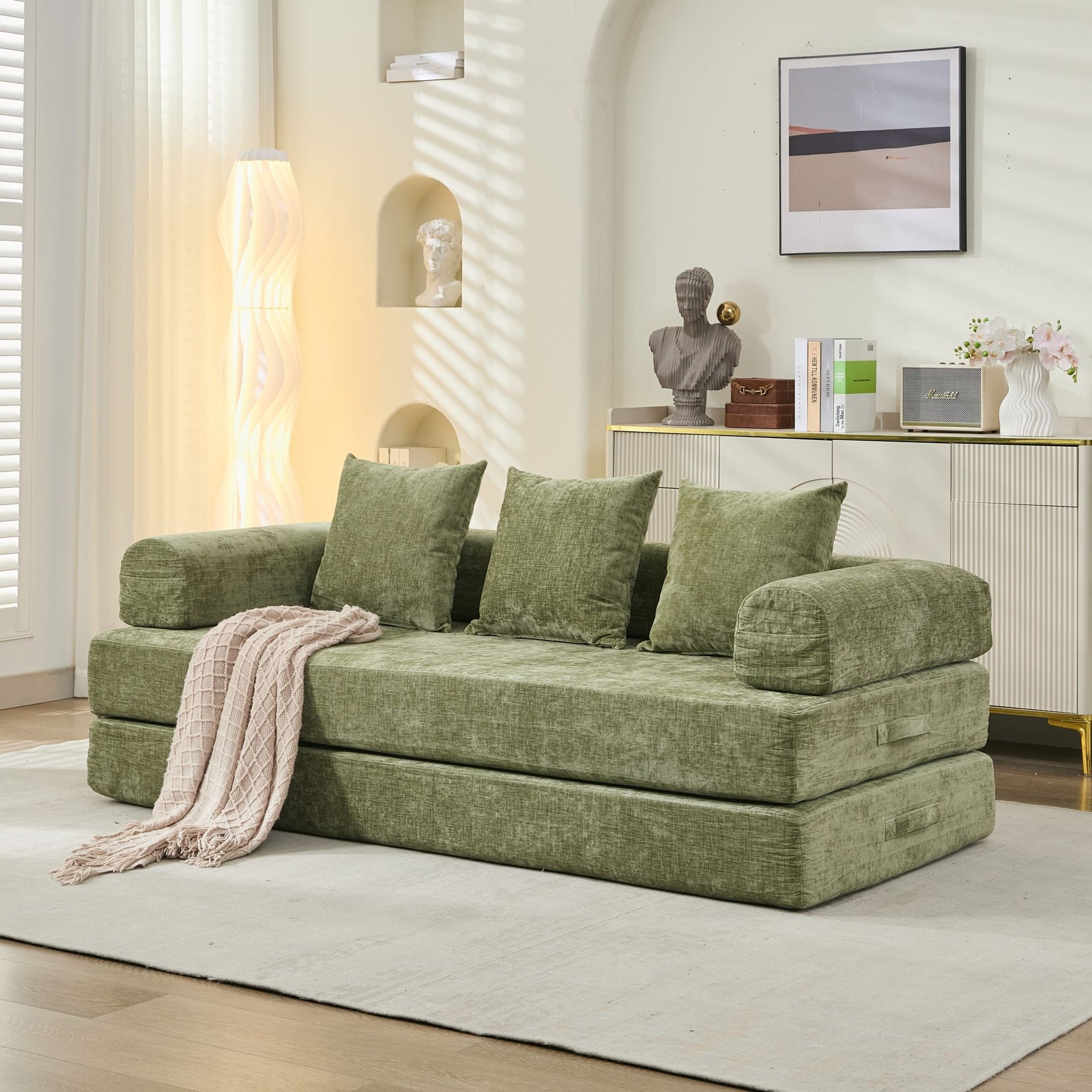 Comfy Convertible Folding Mattress Couch, Floor Sofa Bed, Chenille Floor Sofa with Armrest, Floor Sofa Lounge Couch for Living Room Bedroom Lounge Studio-Green