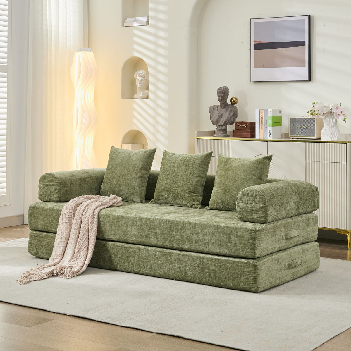 Comfy Convertible Folding Mattress Couch, Floor Sofa Bed, Chenille Floor Sofa with Armrest, Floor Sofa Lounge Couch for Living Room Bedroom Lounge Studio-Green