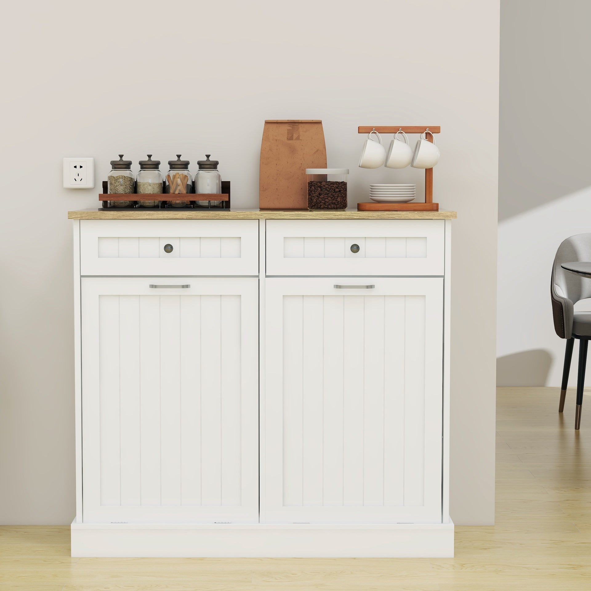 Two Drawers and Two-Compartment Tilt-Out Trash Cabinet Kitchen Trash Cabinet-White