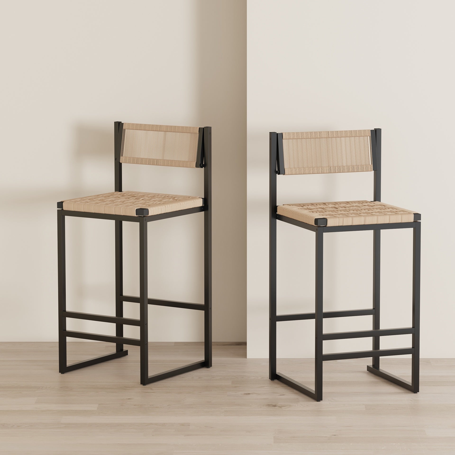 Kitchen Bar Stools with Footrest Set of 2 Paper Rope Weave Dining Chairs Counter Height Barstool (Style B Black & Honey)