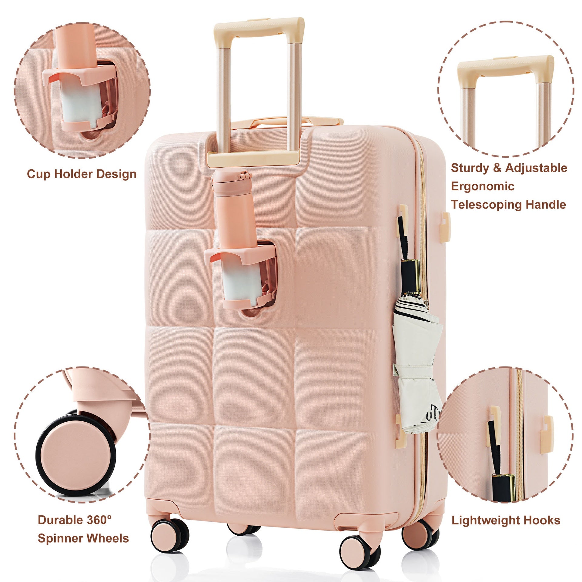 Luggage Set of 3, Airline Certified Carry-on Luggage with Cup Holder, ABS Hard Shell Luggage with Spinner Wheels, pink