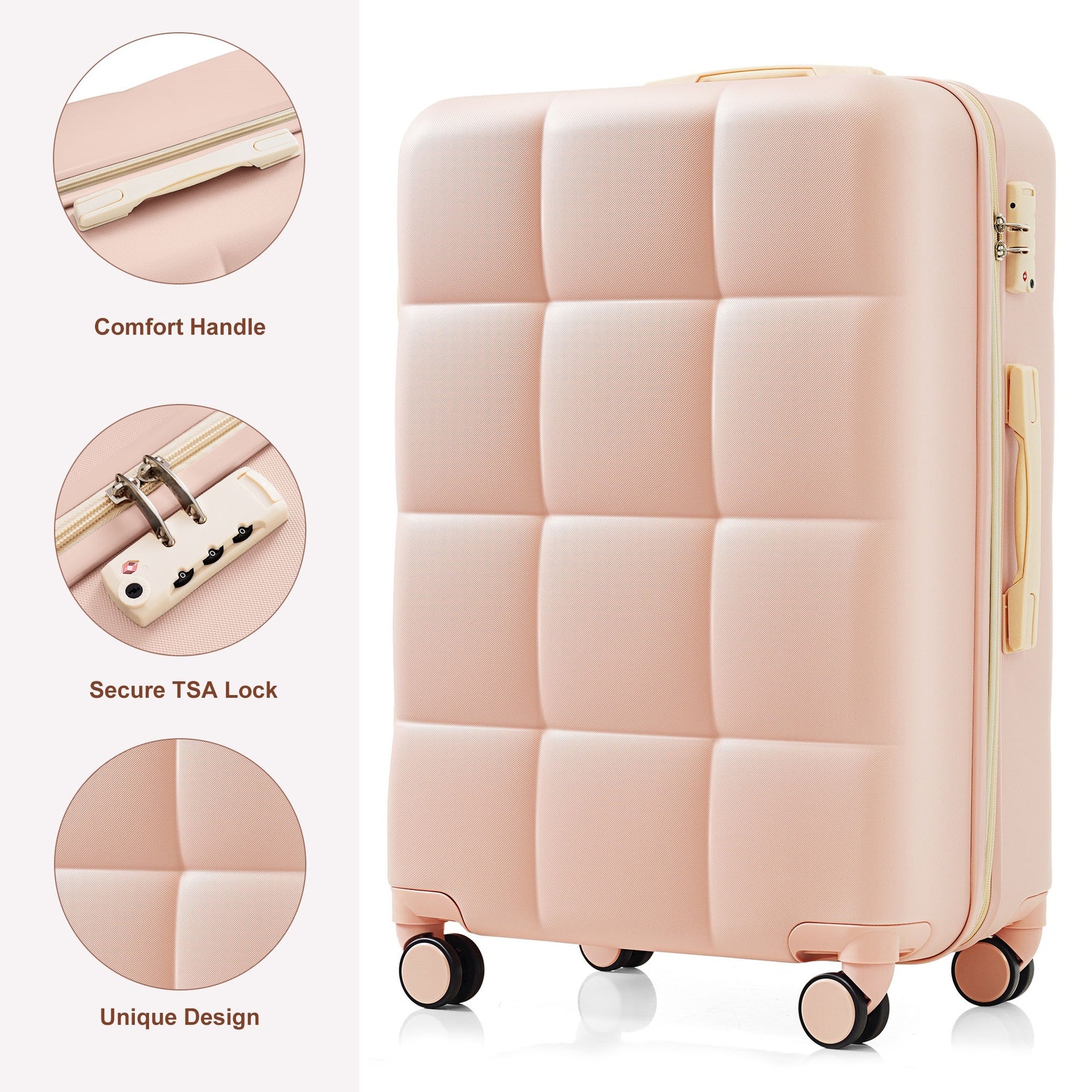 Luggage Set of 3, Airline Certified Carry-on Luggage with Cup Holder, ABS Hard Shell Luggage with Spinner Wheels, pink