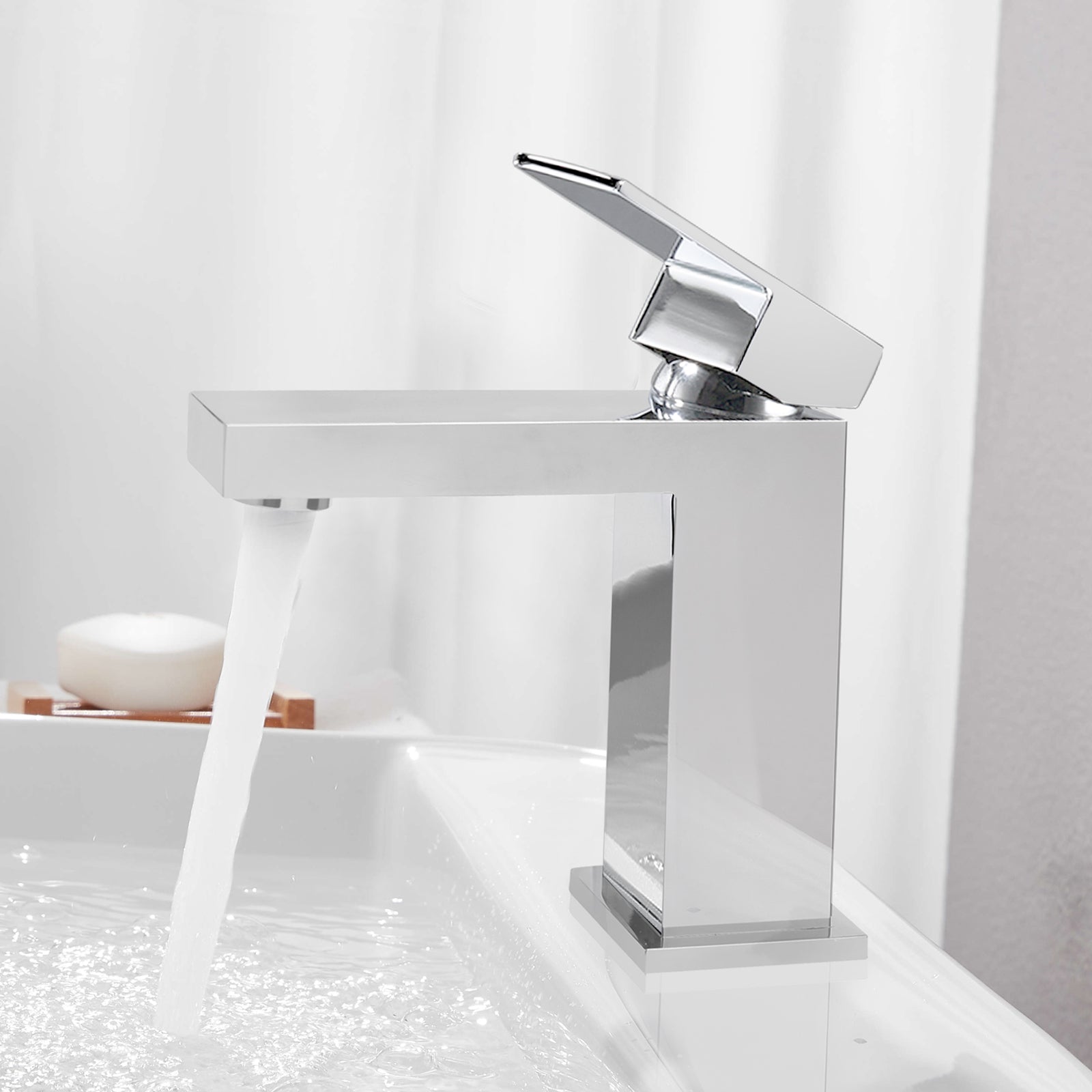 Modern Chrome Bathroom Faucet, Single Hole Bathroom Faucet, Solid Brass Chrome Polished Bathroom Sink Faucet, Single Handle Heavy Duty Square Basin Vanity Square Bathroom Faucet with Pop-up Drain