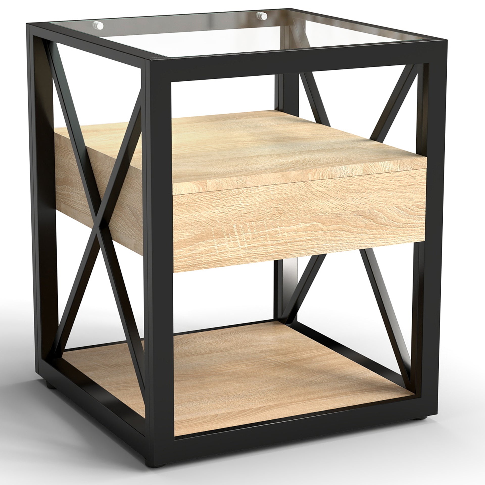 Set of 2 Modern End Table with Drawer - Nightstand for Bedroom & Living Room, Natural Wood MDF  & Tempered Glass Top, Industrial Style Side Table