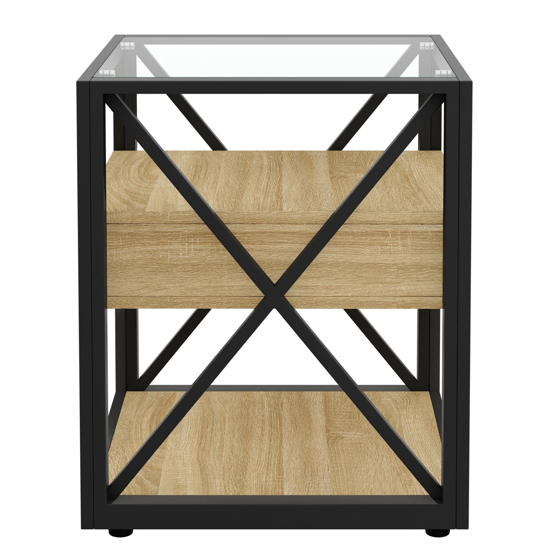 Set of 2 Modern End Table with Drawer - Nightstand for Bedroom & Living Room, Natural Wood MDF  & Tempered Glass Top, Industrial Style Side Table
