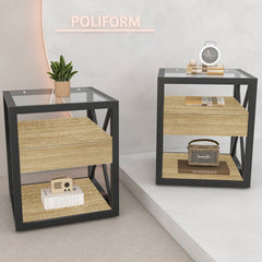 Set of 2 Modern End Table with Drawer - Nightstand for Bedroom & Living Room, Natural Wood MDF  & Tempered Glass Top, Industrial Style Side Table