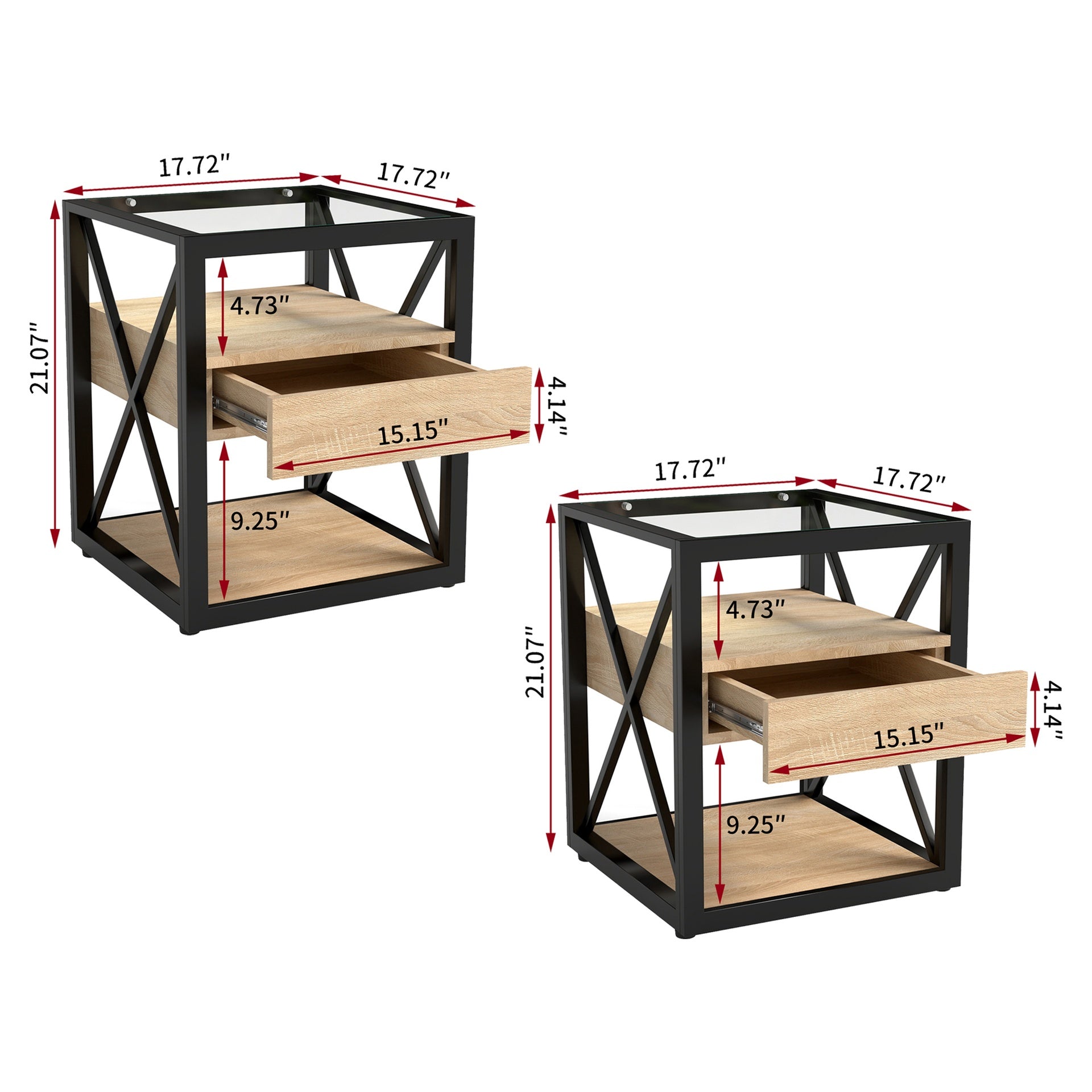 Set of 2 Modern End Table with Drawer - Nightstand for Bedroom & Living Room, Natural Wood MDF  & Tempered Glass Top, Industrial Style Side Table