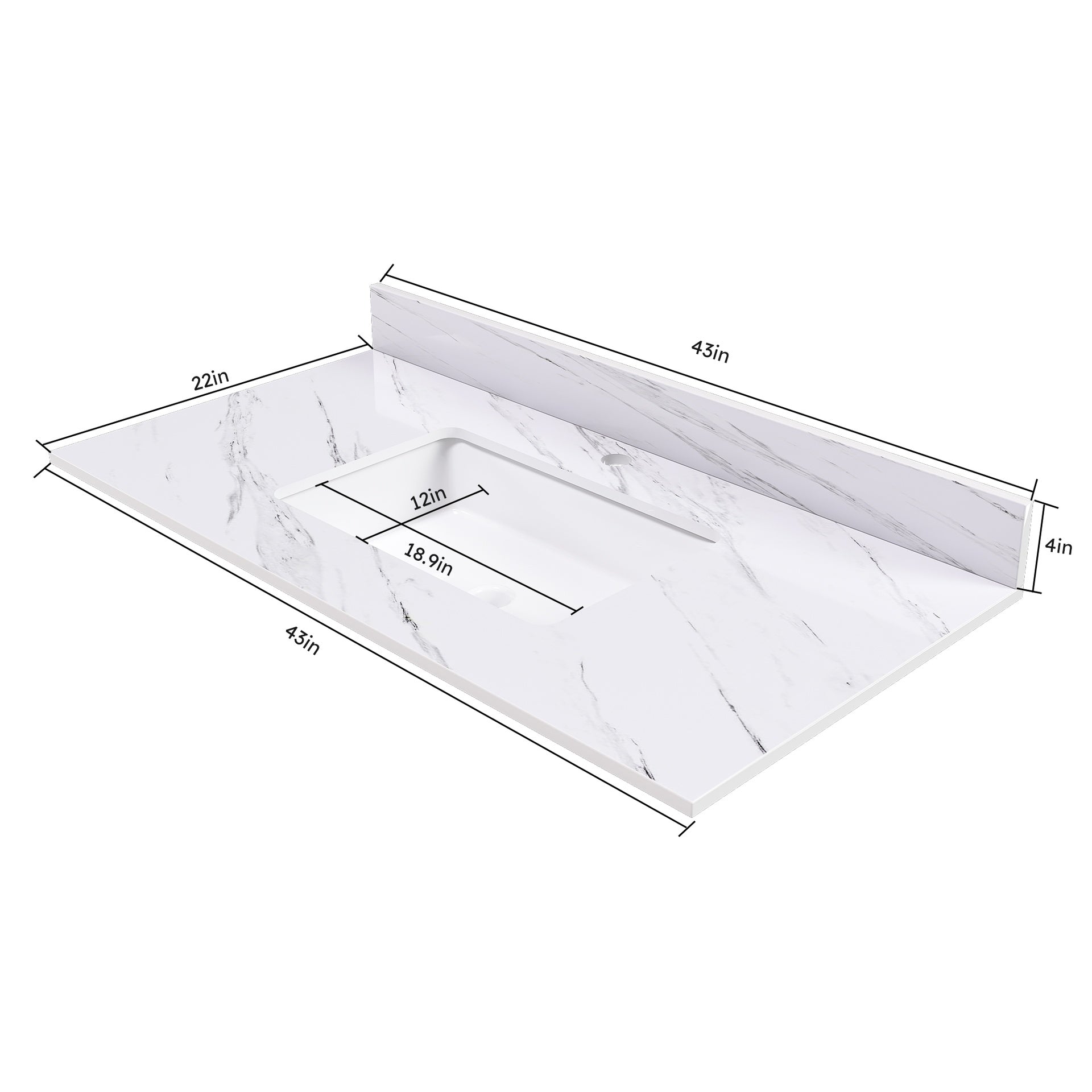 43 Inch Marble Vanity Top, White Vanity Top with 1 Pre-drilled Faucet Holes, Bathroom Vanity Top with Undermount Rectangular Middle Sink and 4" Height Backsplash,  Bianco Carrara Venato
