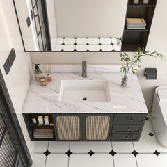 43 Inch Marble Vanity Top, White Vanity Top with 1 Pre-drilled Faucet Holes, Bathroom Vanity Top with Undermount Rectangular Middle Sink and 4" Height Backsplash,  Bianco Carrara Venato