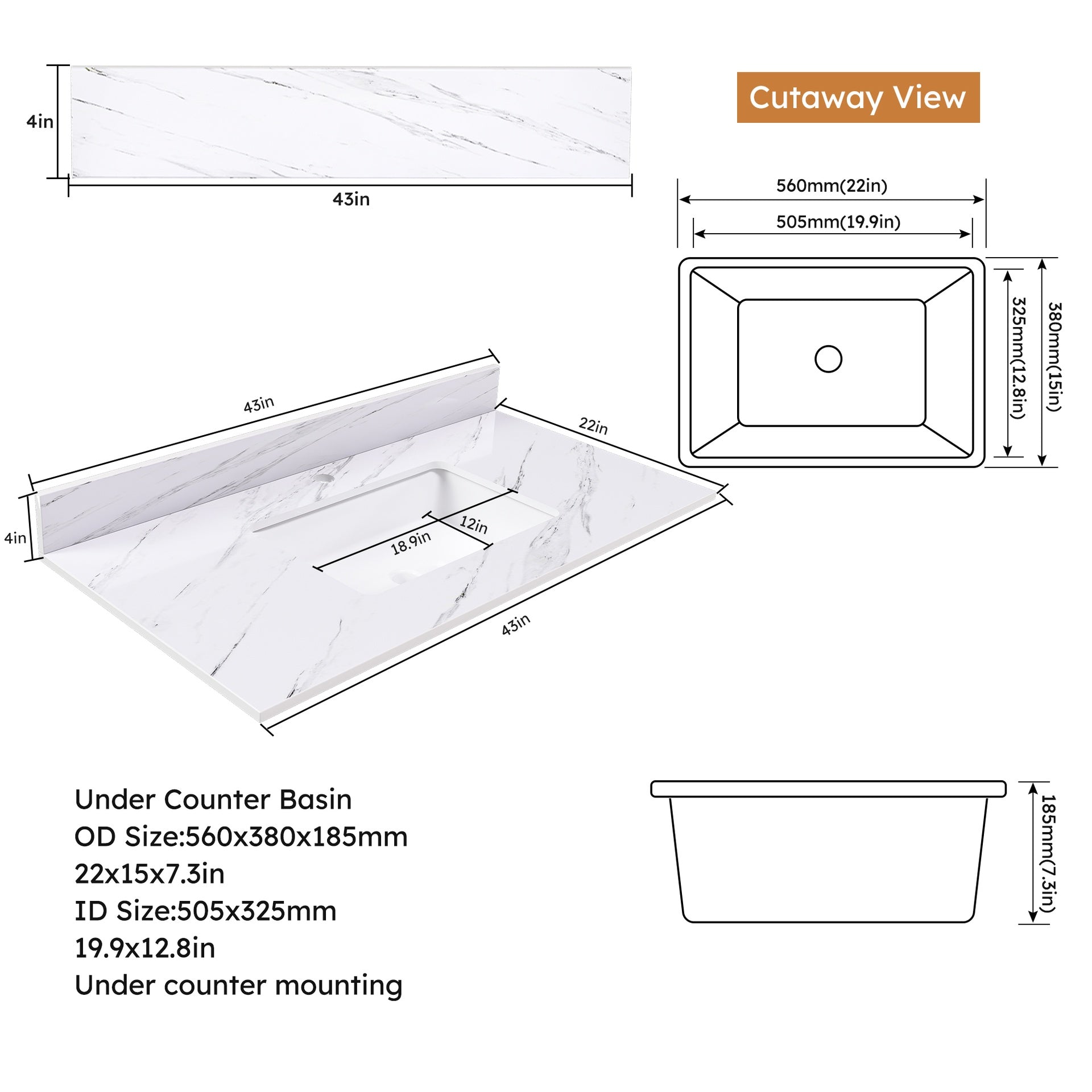 43 Inch Marble Vanity Top, White Vanity Top with 1 Pre-drilled Faucet Holes, Bathroom Vanity Top with Undermount Rectangular Middle Sink and 4" Height Backsplash,  Bianco Carrara Venato