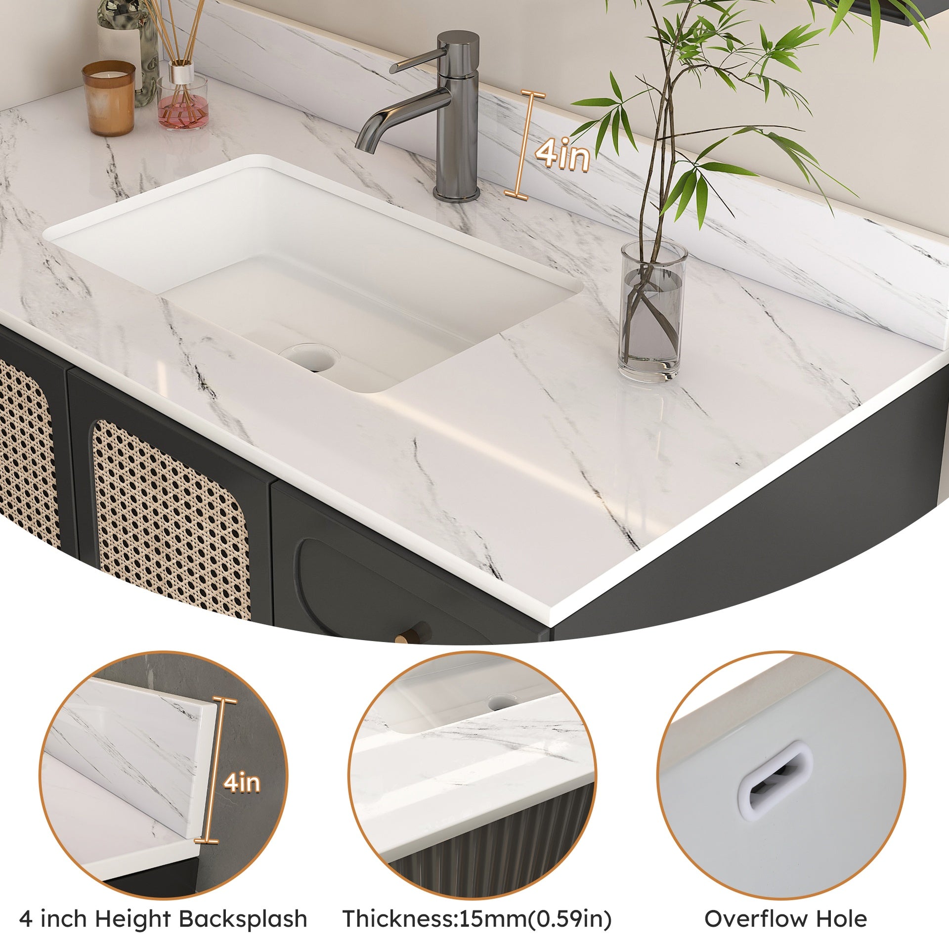 43 Inch Marble Vanity Top, White Vanity Top with 1 Pre-drilled Faucet Holes, Bathroom Vanity Top with Undermount Rectangular Middle Sink and 4" Height Backsplash,  Bianco Carrara Venato