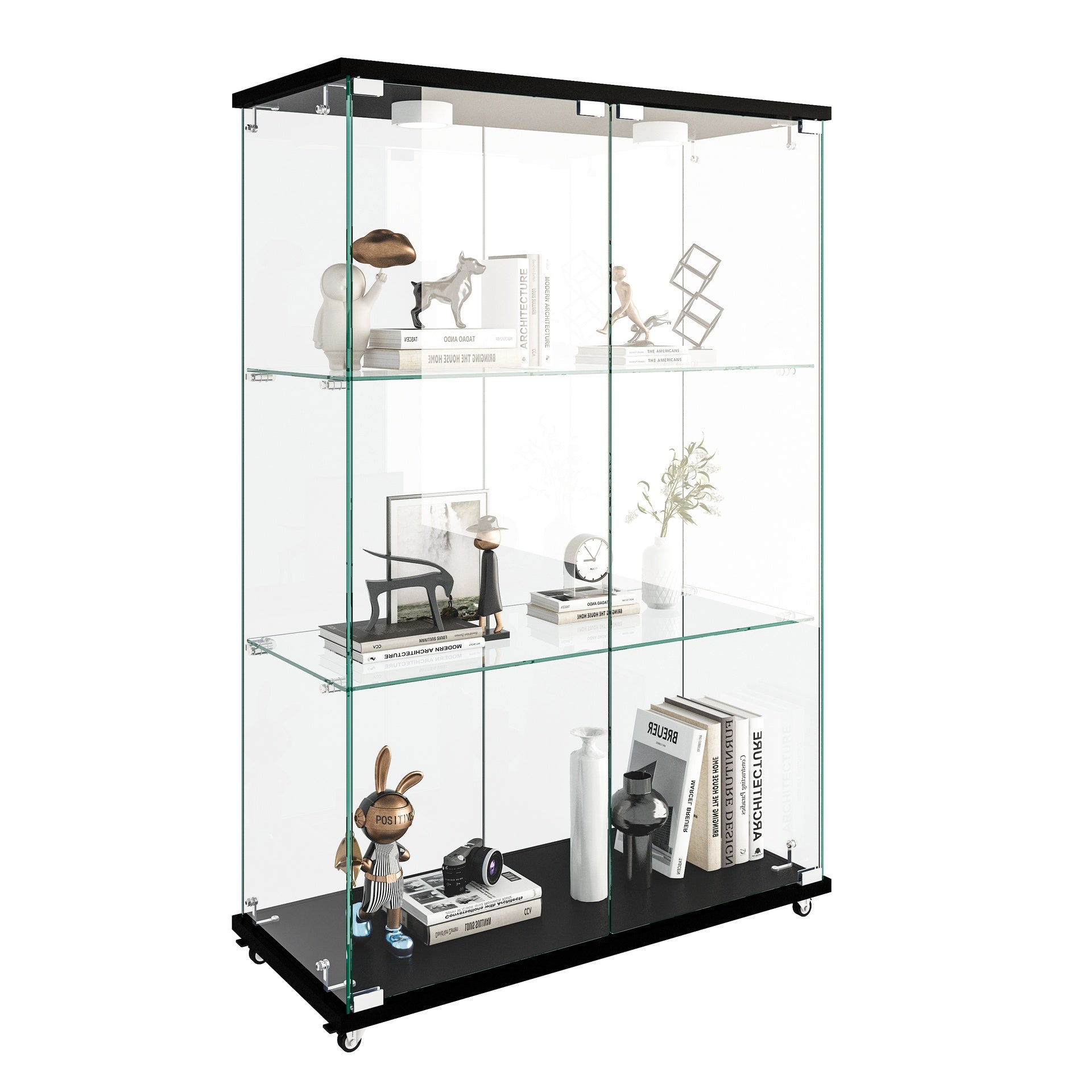 Modern Glass Display Cabinet with LED lights, Quick-assembly Antique Cabinet, Tempered Glass Bookshelf, Suitable for Living Room and Bedrooms, 2-door 3-shelf, Transparent+Black