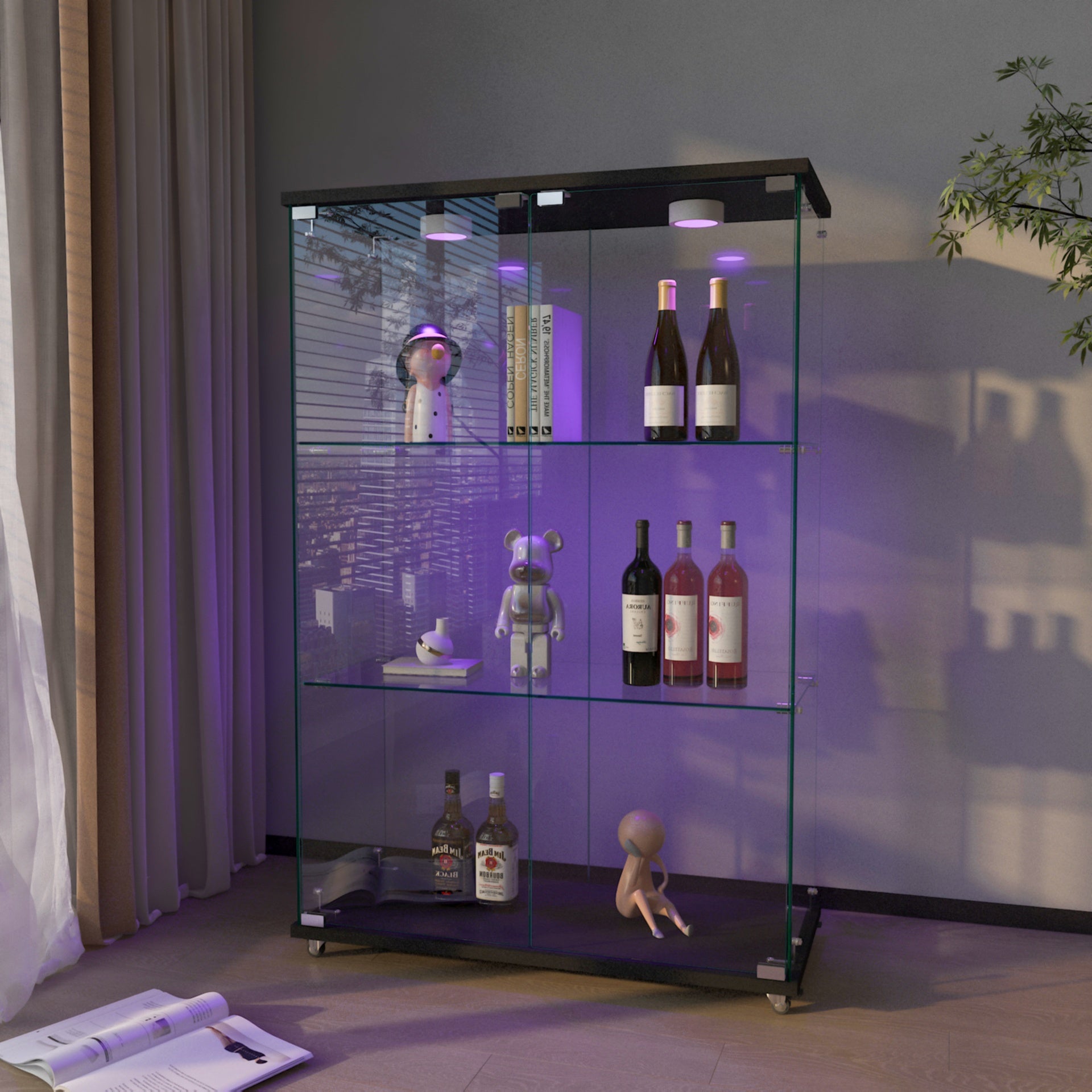 Modern Glass Display Cabinet with LED lights, Quick-assembly Antique Cabinet, Tempered Glass Bookshelf, Suitable for Living Room and Bedrooms, 2-door 3-shelf, Transparent+Black