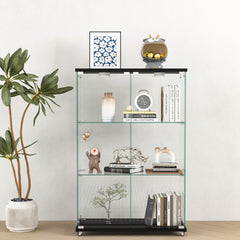 Modern Glass Display Cabinet with LED lights, Quick-assembly Antique Cabinet, Tempered Glass Bookshelf, Suitable for Living Room and Bedrooms, 2-door 3-shelf, Transparent+Black