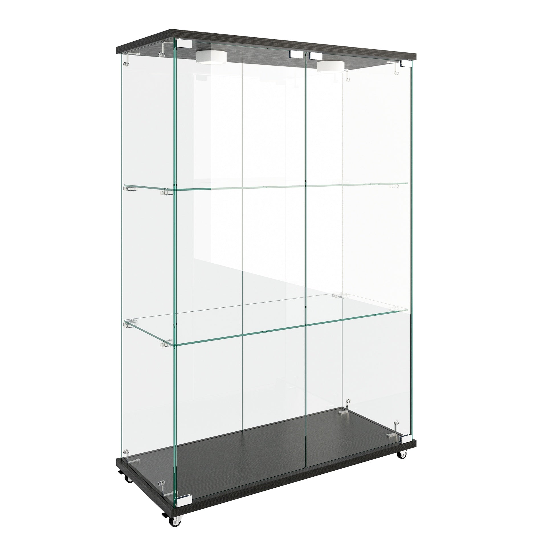 Modern Glass Display Cabinet with LED lights, Quick-assembly Antique Cabinet, Tempered Glass Bookshelf, Suitable for Living Room and Bedrooms, 2-door 3-shelf, Transparent+Black