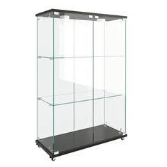 Modern Glass Display Cabinet with LED lights, Quick-assembly Antique Cabinet, Tempered Glass Bookshelf, Suitable for Living Room and Bedrooms, 2-door 3-shelf, Transparent+Black
