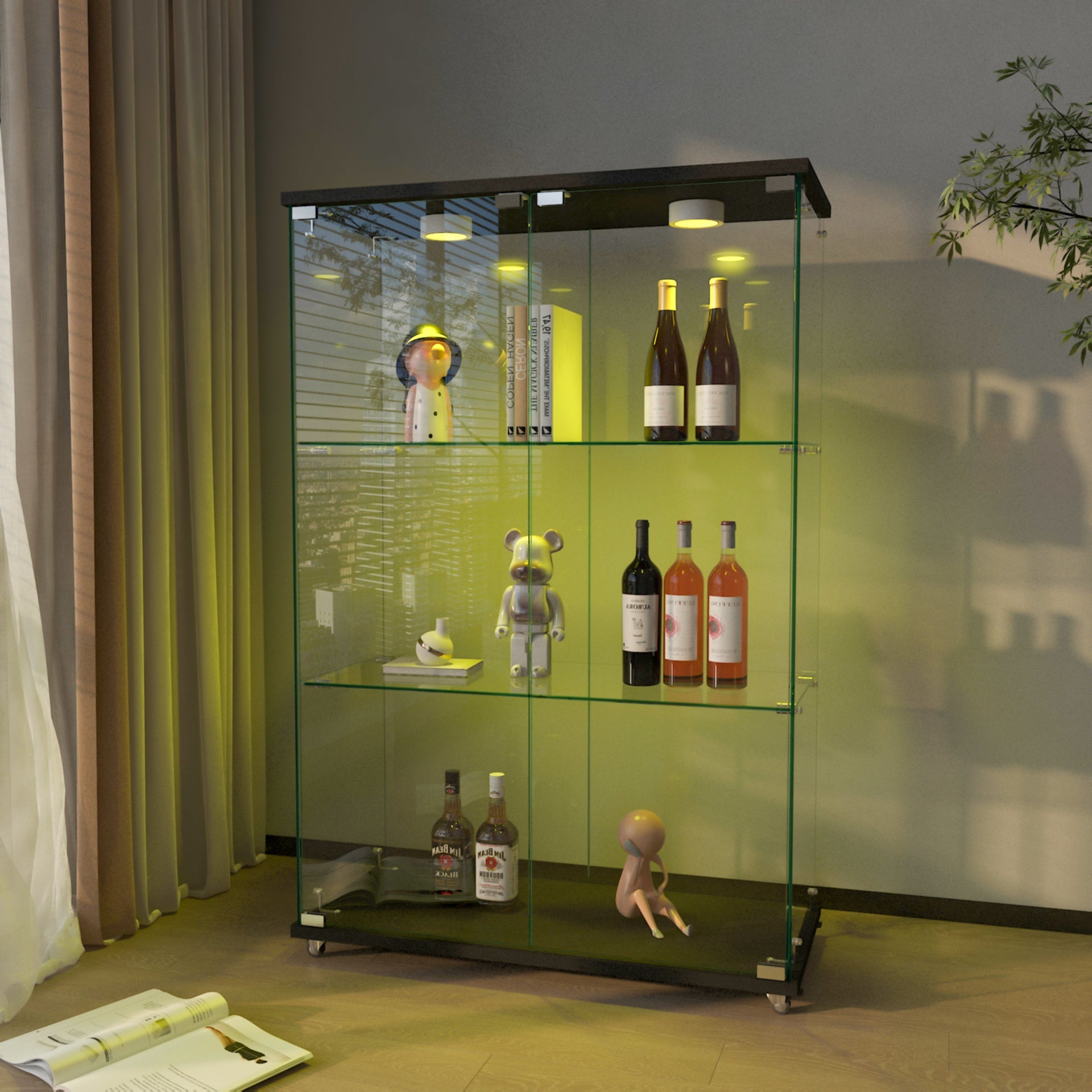Modern Glass Display Cabinet with LED lights, Quick-assembly Antique Cabinet, Tempered Glass Bookshelf, Suitable for Living Room and Bedrooms, 2-door 3-shelf, Transparent+Black