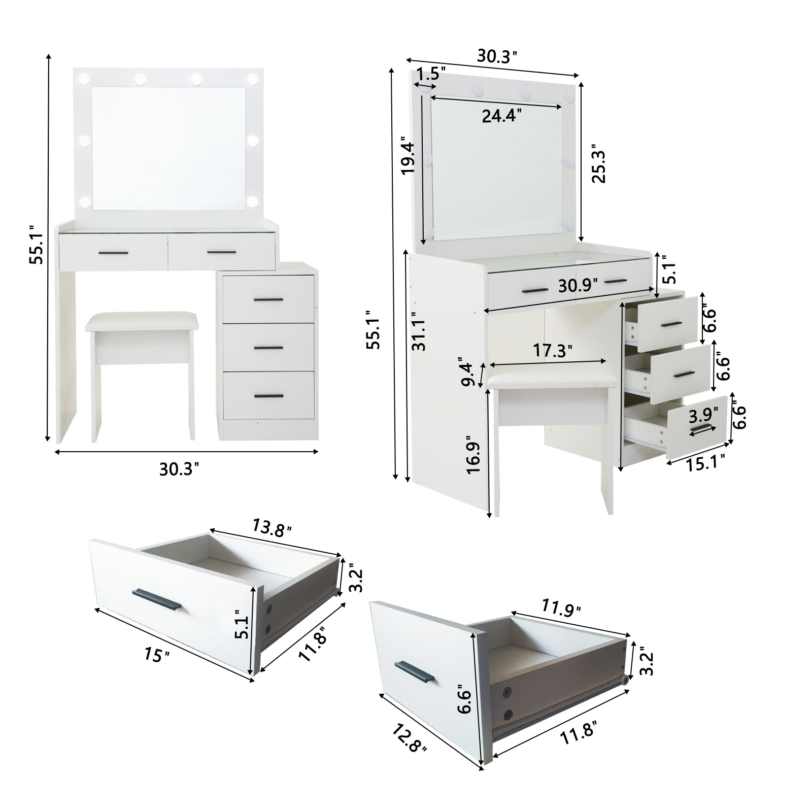 White color adjustable dressing table with 5 drawers