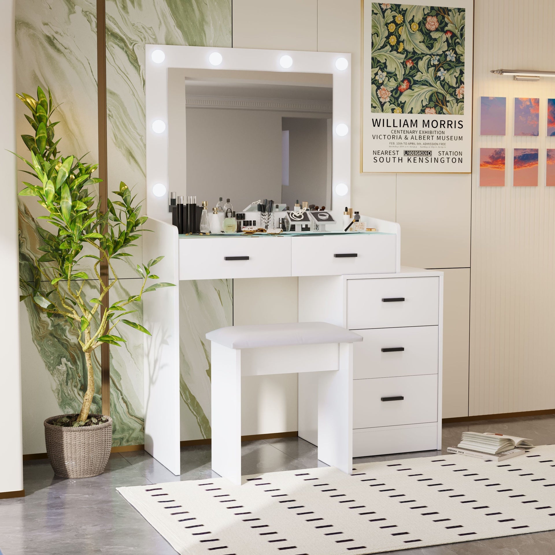 White color adjustable dressing table with 5 drawers