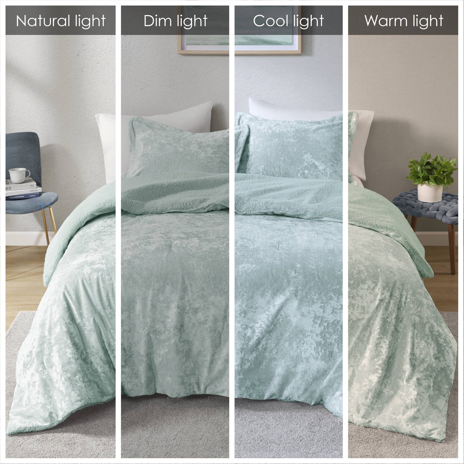 3 PCS Full/Queen Crushed Velvet Sherpa Reversible Comforter Set Aqua