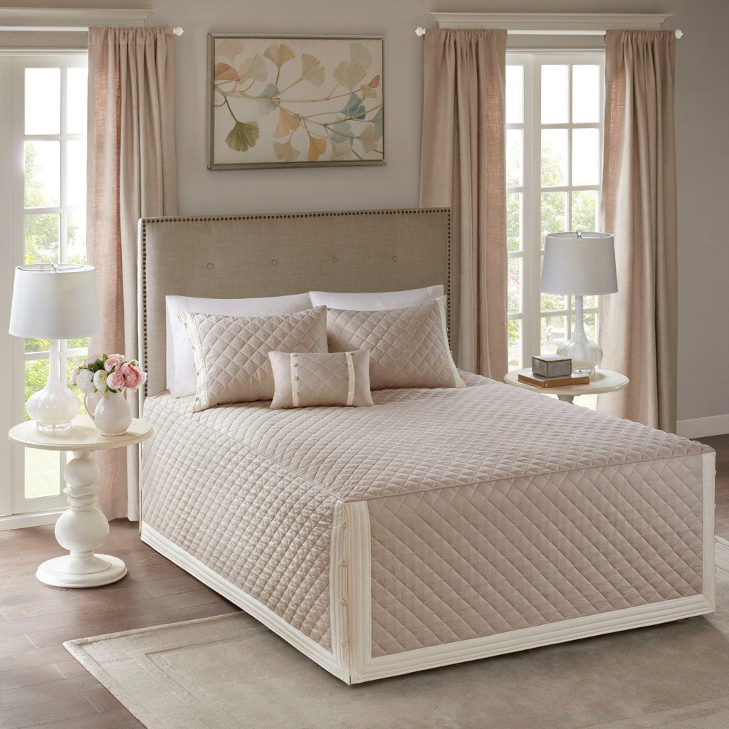 4 Piece Cotton Reversible Tailored Bedspread Set Khaki Queen