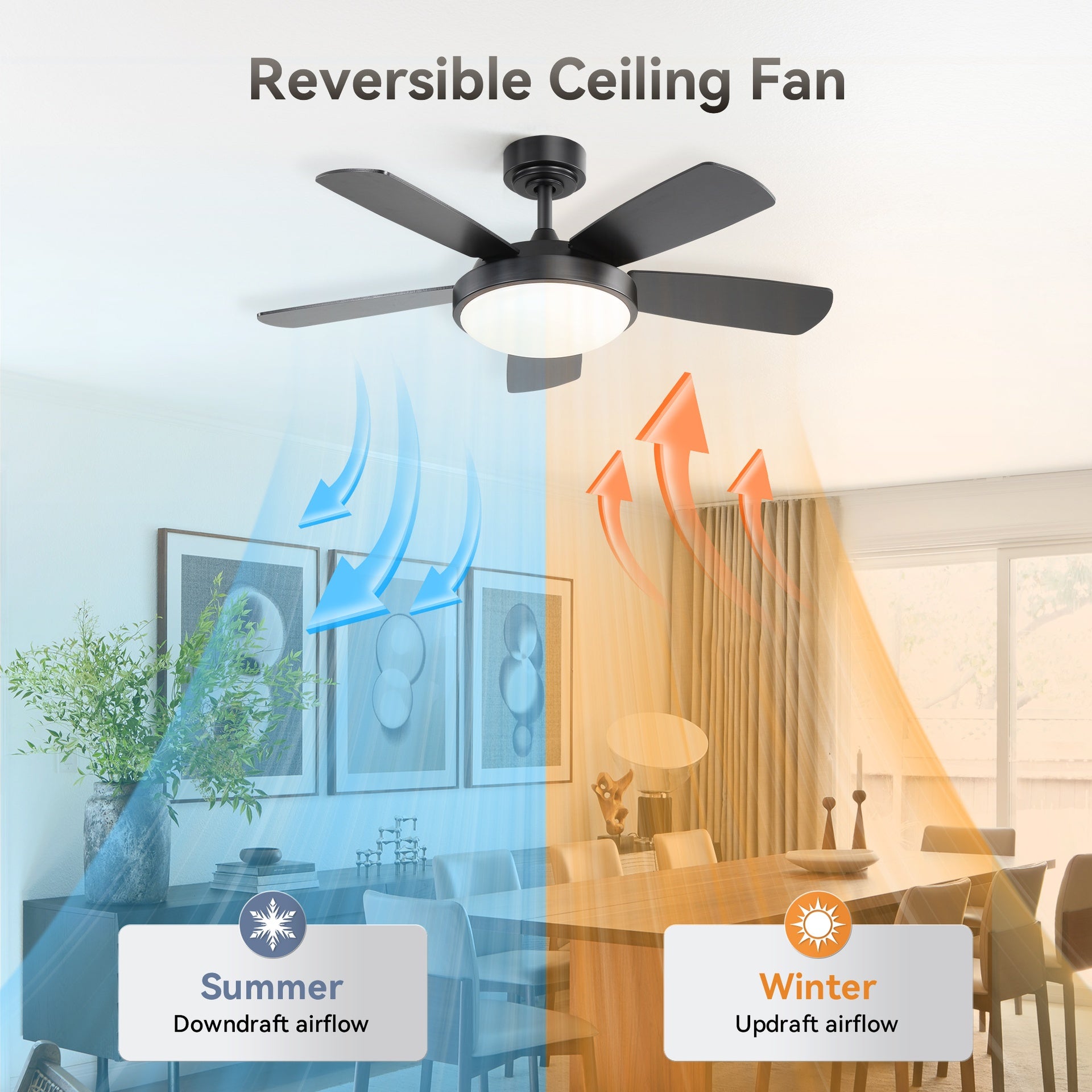 42 Inch Black Ceiling Fan with 22W LED Light and Remote Control MDF Blades Reversible DC Motor