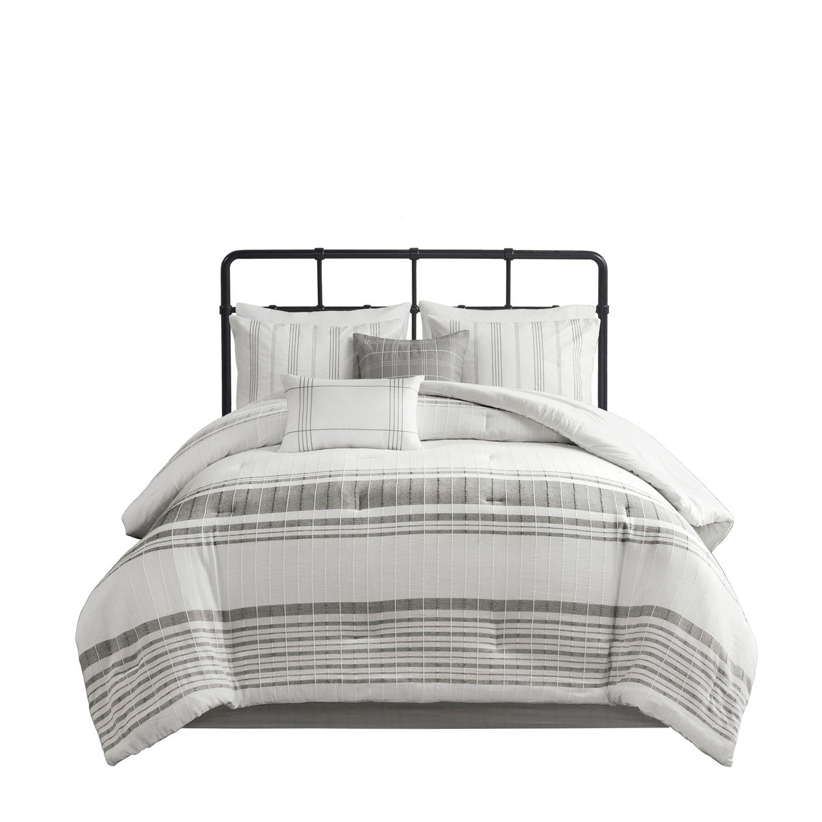 6 Piece Cotton Jacquard Oversized Comforter Set White/Grey Queen