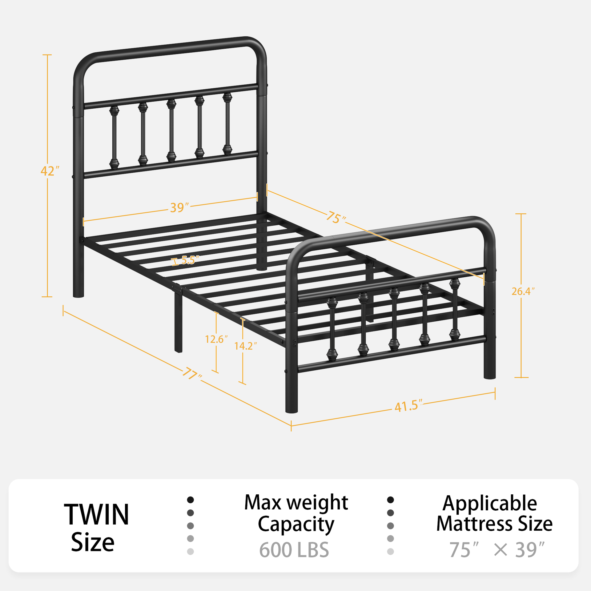 Metal Bed Frame,Twin Size Bed Frame with Headboard,Structurally Stable, Under Bed Storage,No Box Spring Needed,Black