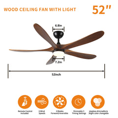 5 blade solid wood 52 inch ceiling fan light