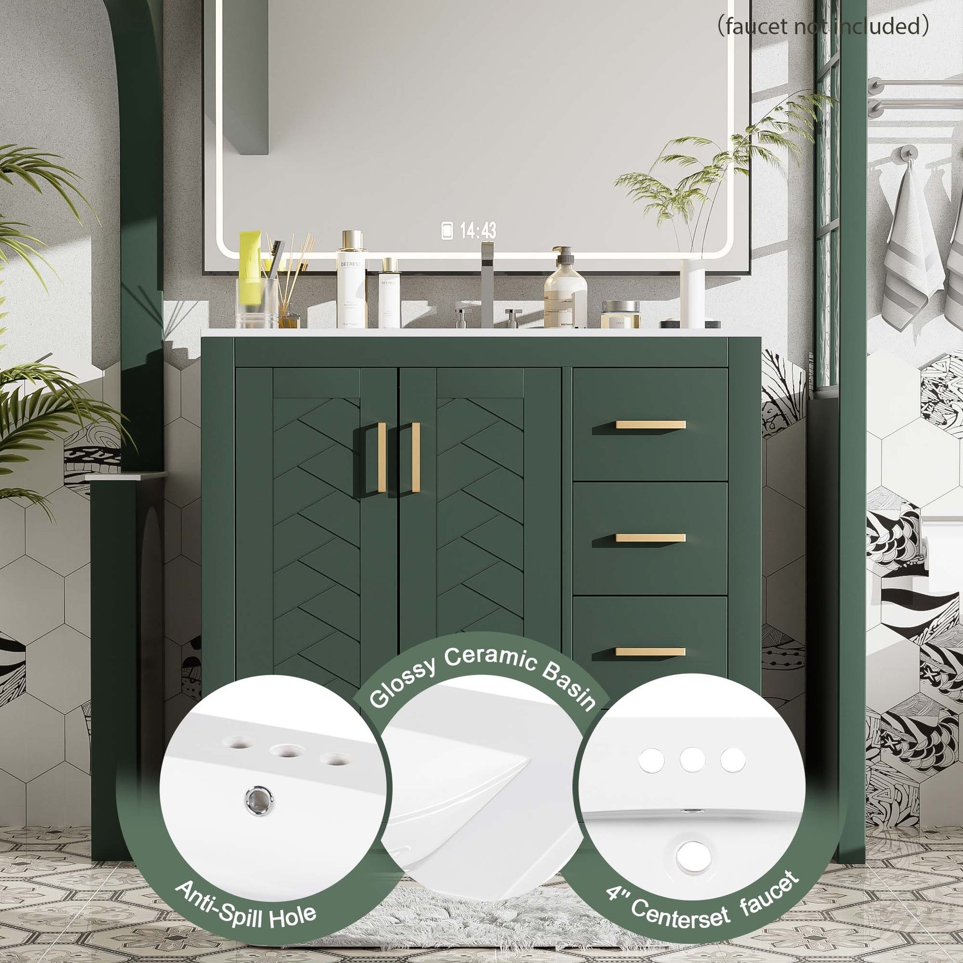 36'' Bathroom Vanity with Ceramic Sink Combo, Solid Wood Frame Bathroom Storage Cabinet, Freestanding Vanity Set with 3 Drawers& Soft Closing Doors