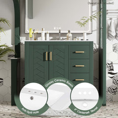 36'' Bathroom Vanity with Ceramic Sink Combo, Solid Wood Frame Bathroom Storage Cabinet, Freestanding Vanity Set with 3 Drawers& Soft Closing Doors