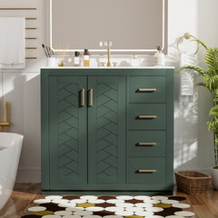 36'' Bathroom Vanity with Ceramic Sink Combo, Solid Wood Frame Bathroom Storage Cabinet, Freestanding Vanity Set with 3 Drawers& Soft Closing Doors