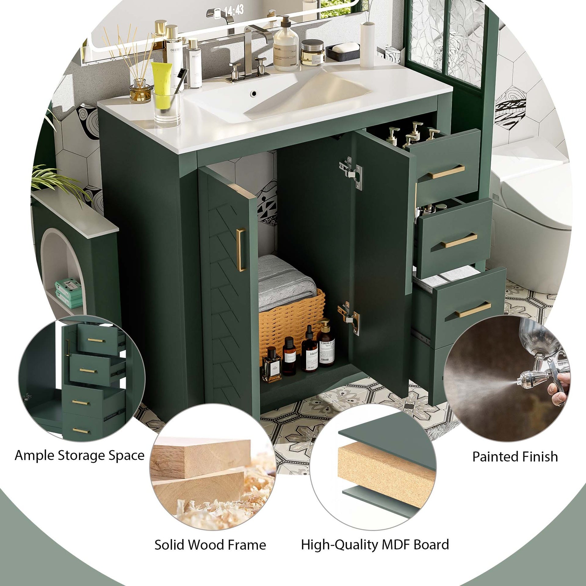 36'' Bathroom Vanity with Ceramic Sink Combo, Solid Wood Frame Bathroom Storage Cabinet, Freestanding Vanity Set with 3 Drawers& Soft Closing Doors
