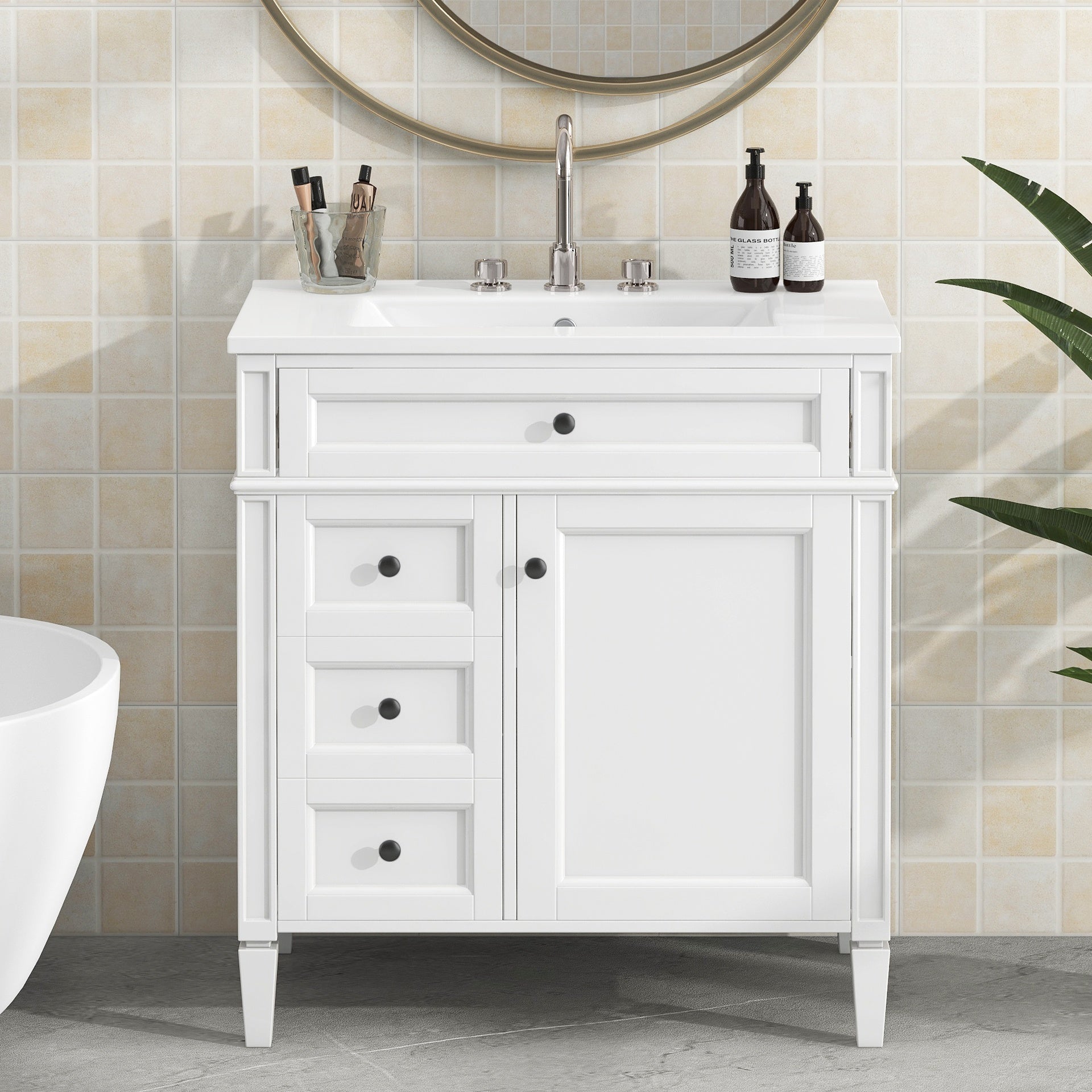 30'' Bathroom Vanity with Top Sink, Modern Bathroom Storage Cabinet with 2 Drawers and a Tip-out Drawer, Single Sink Bathroom Vanity