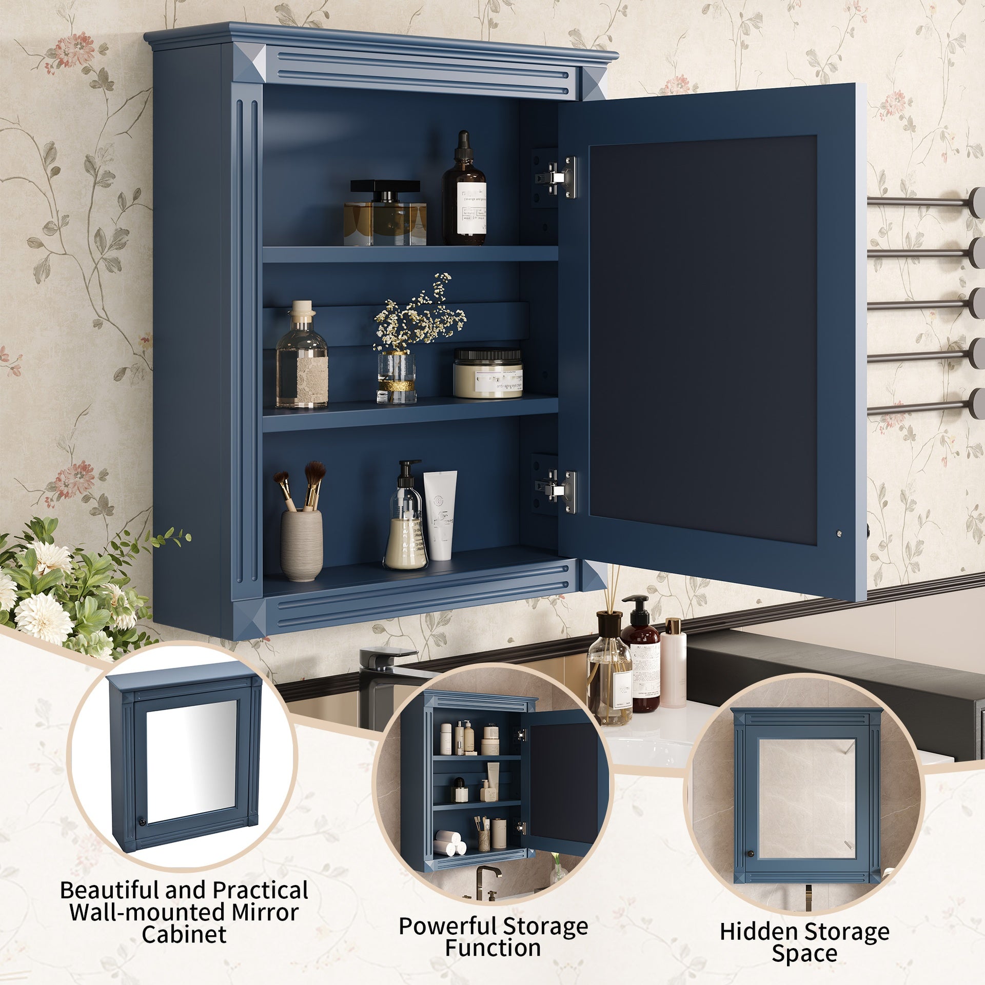 24'' x 27'' Wall Mounted Bathroom Storage Cabinet with Mirror, Medicine Cabinet with Height Adjustable Shelf, Over the Toilet Space Saver Cabinet