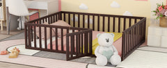 Queen Size Wood Floor Bed Frame with Fence and Door, Walnut