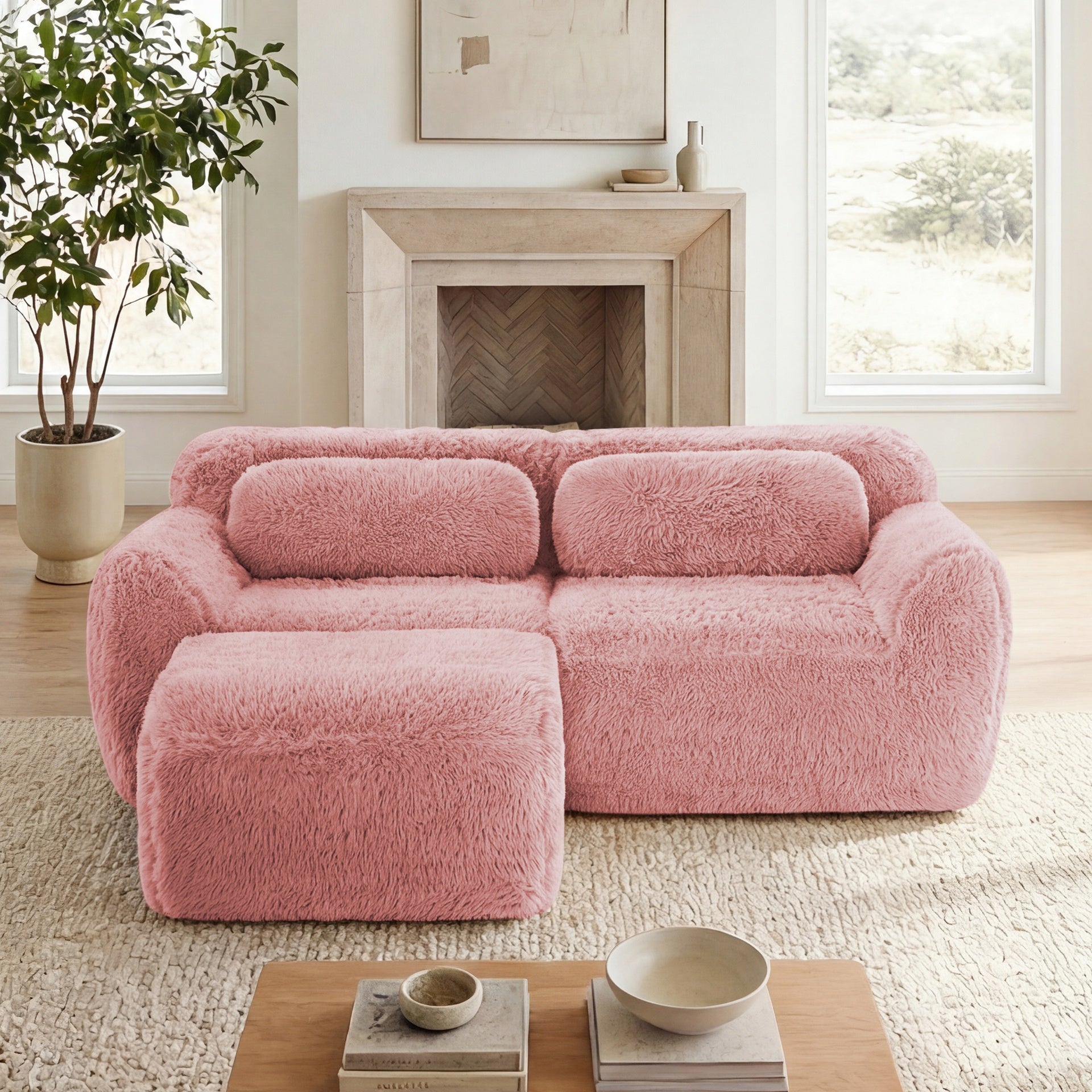 L-shaped Boneless Sofa,Soft Fluffy Plush Fabric,With Chaise 32D High Density Sponge,No Assembly Required,Ergonomic Design Bottom Anti-Slip Design,With Throw Pillows,Fits Bedrooms,Pink