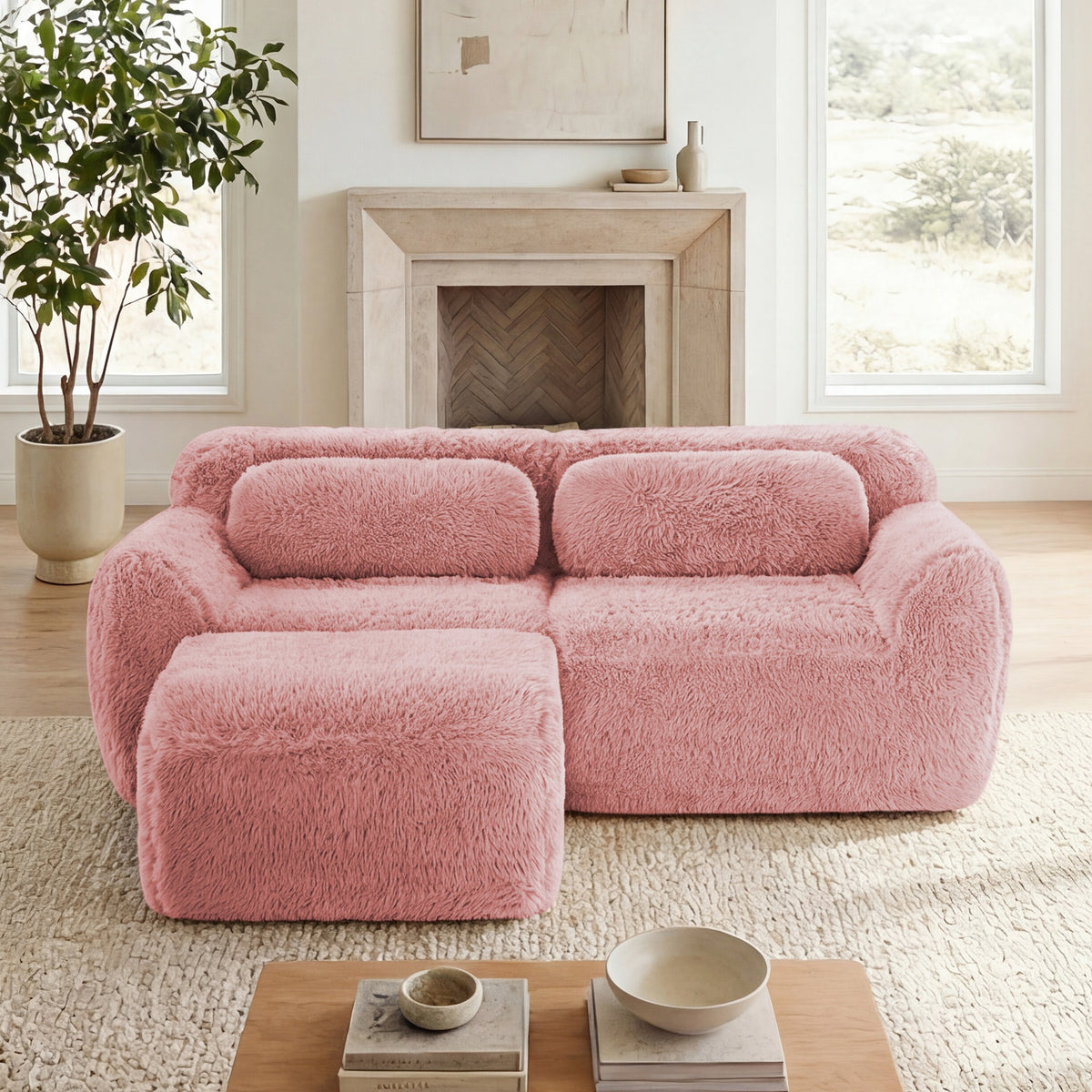 L-shaped Boneless Sofa,Soft Fluffy Plush Fabric,With Chaise 32D High Density Sponge,No Assembly Required,Ergonomic Design Bottom Anti-Slip Design,With Throw Pillows,Fits Bedrooms,Pink