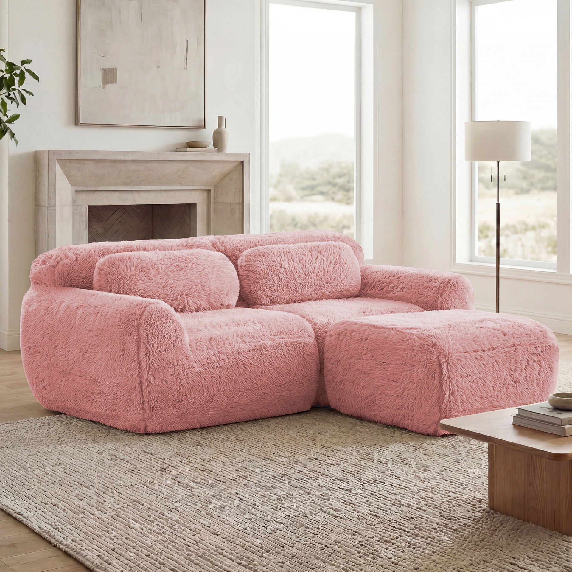 L-shaped Boneless Sofa,Soft Fluffy Plush Fabric,With Chaise 32D High Density Sponge,No Assembly Required,Ergonomic Design Bottom Anti-Slip Design,With Throw Pillows,Fits Bedrooms,Pink