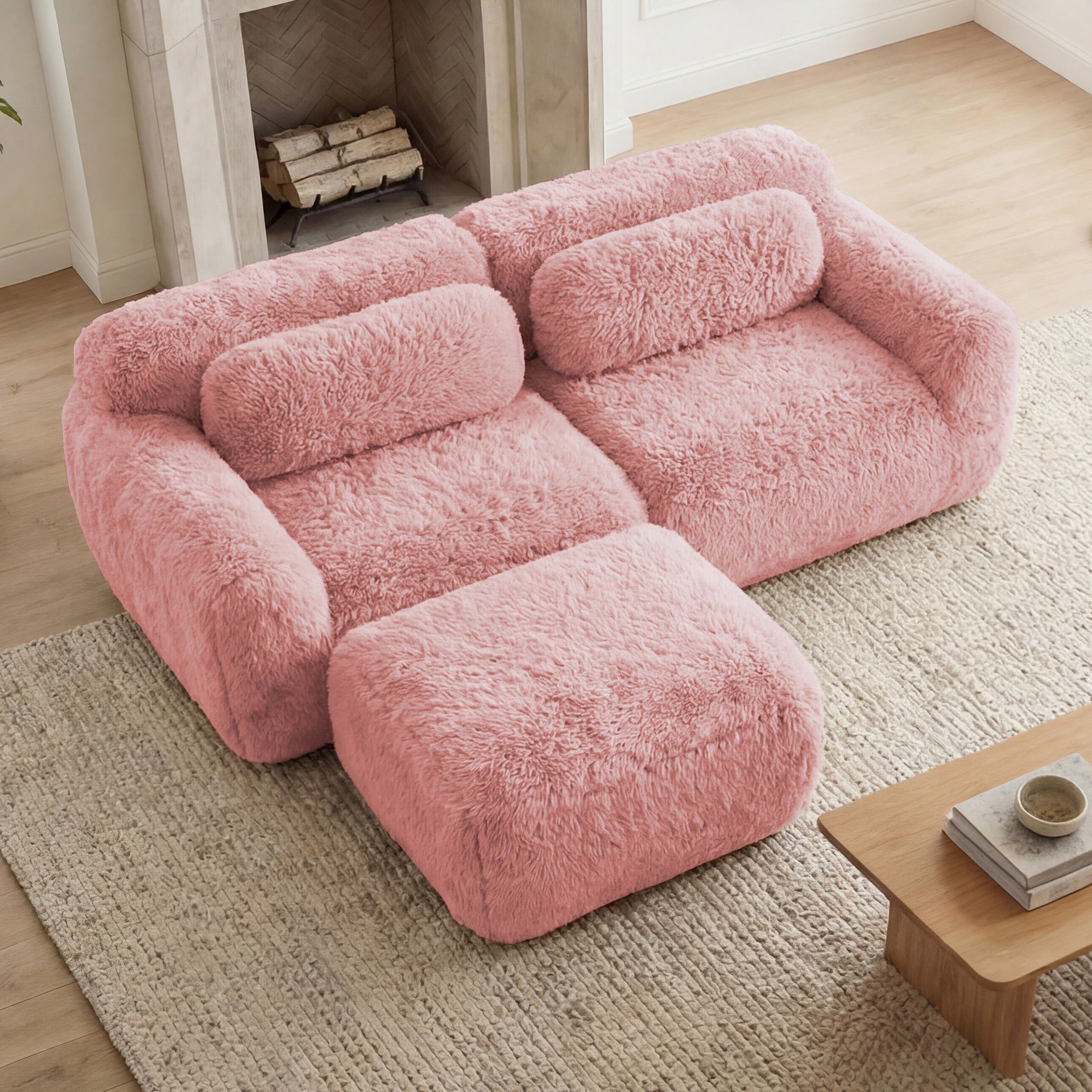 L-shaped Boneless Sofa,Soft Fluffy Plush Fabric,With Chaise 32D High Density Sponge,No Assembly Required,Ergonomic Design Bottom Anti-Slip Design,With Throw Pillows,Fits Bedrooms,Pink
