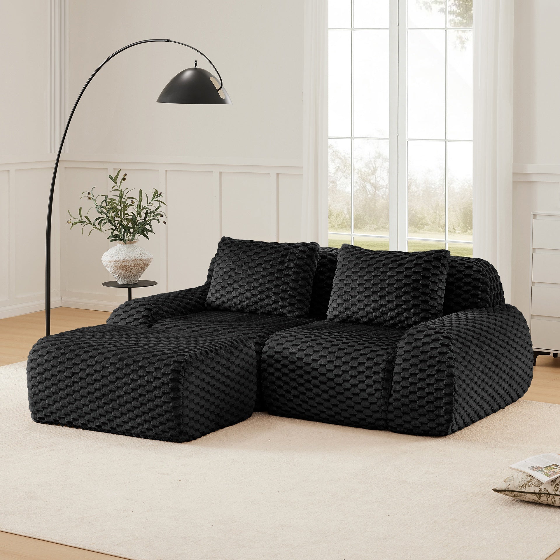 82" Modern L-Shaped Modular Sectional Sofa for Living Room,Flannelette Fabric,Oversized 2-Seater Couch,Deep Seat,Boneless sofa,Movable Ottoman,Buckle connection,Anti-slip Design,No Assembly,Black
