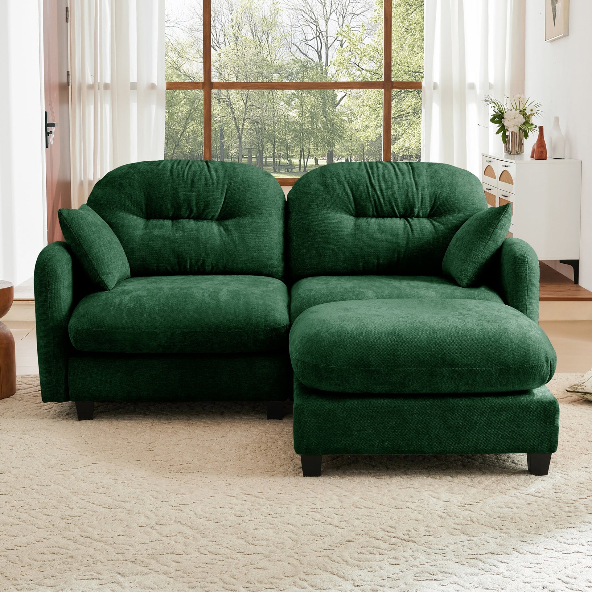 Cloud Sectional L-Shaped Couch With Ottoman,Soft Chenille Fabric,Tufted Cushion Backrest Design High-Density Foam,Fits Bedrooms Living Rooms Reading Nooks,Green