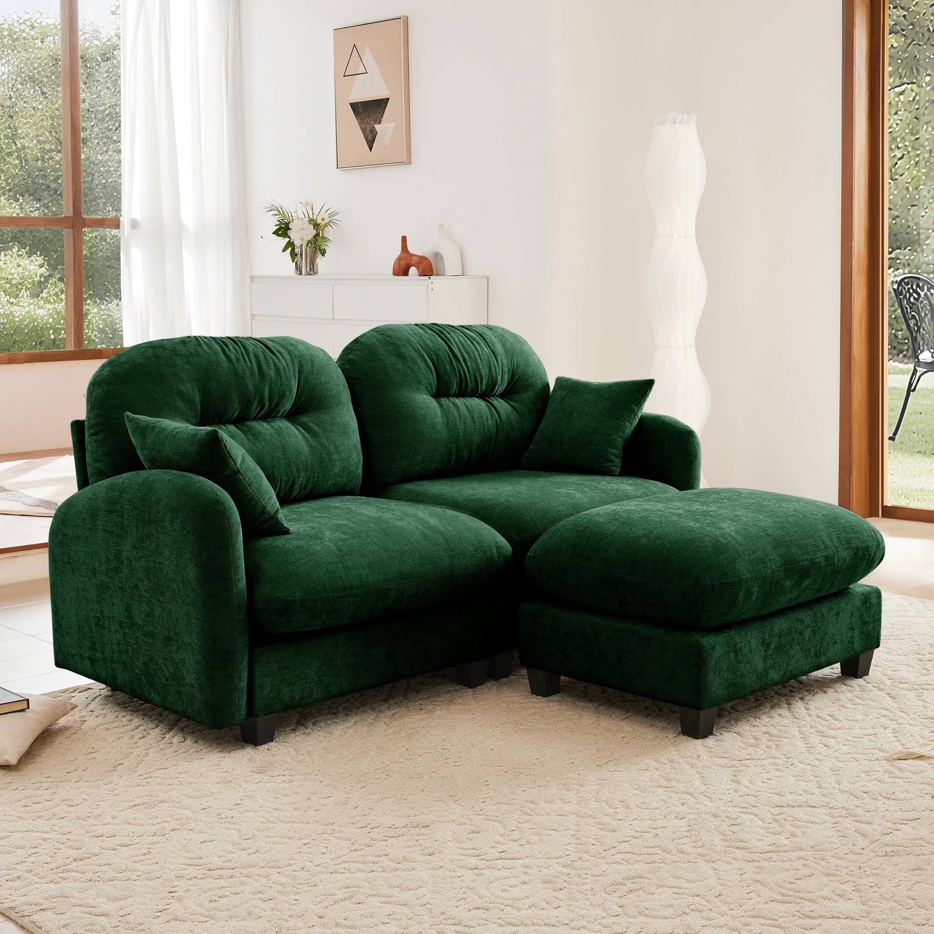 Cloud Sectional L-Shaped Couch With Ottoman,Soft Chenille Fabric,Tufted Cushion Backrest Design High-Density Foam,Fits Bedrooms Living Rooms Reading Nooks,Green