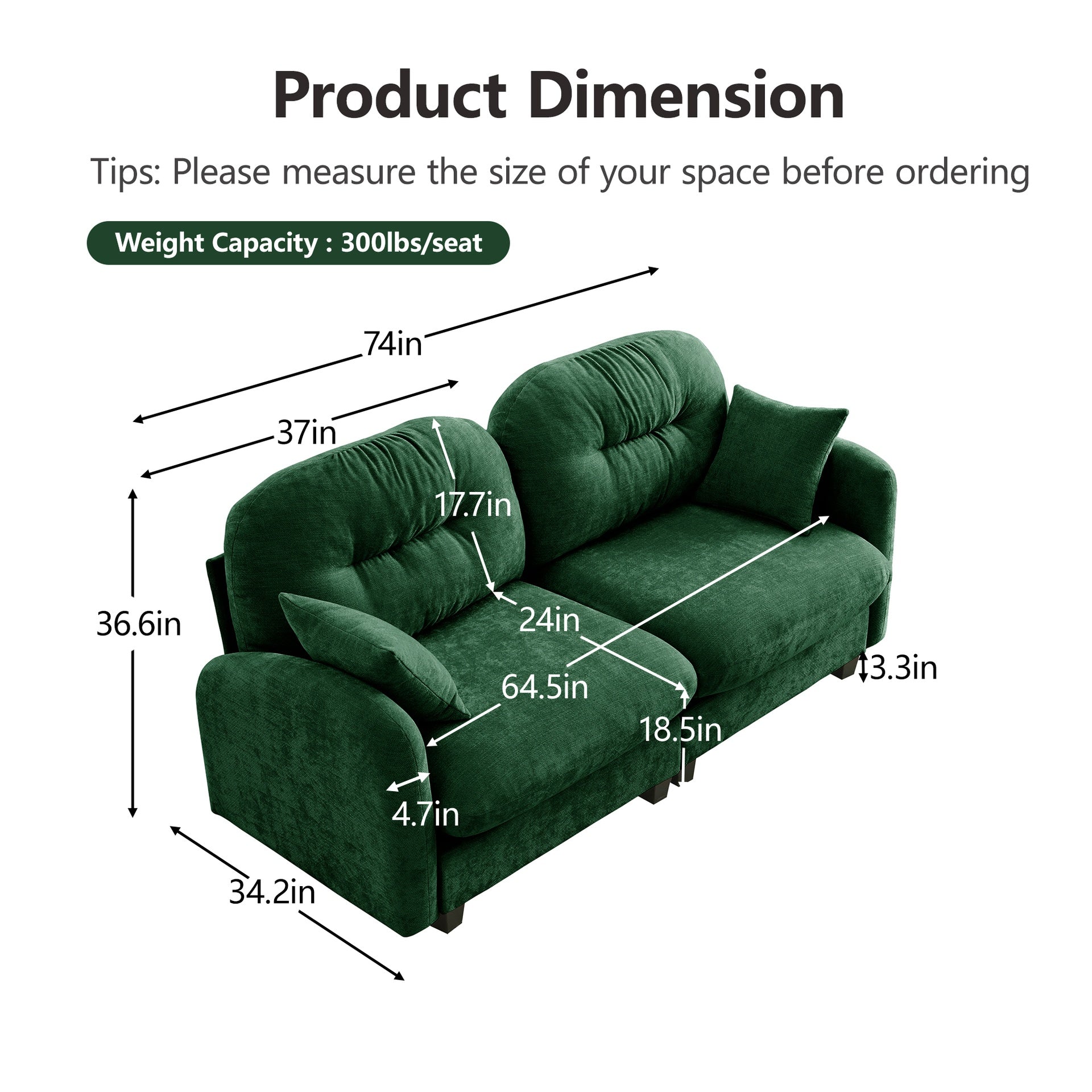 Loveseat Cloud Sectional Couches Chenille Fabric,Tufted Cushion Backrest Design, Ergonomic Design,High-Density Foam Easy Install Elegant Armrests High Quality Wooden Base,Fits Living Rooms,Green