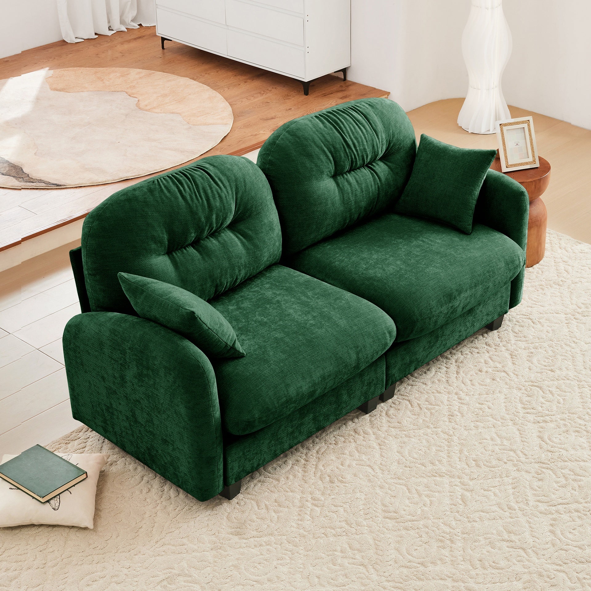 Loveseat Cloud Sectional Couches Chenille Fabric,Tufted Cushion Backrest Design, Ergonomic Design,High-Density Foam Easy Install Elegant Armrests High Quality Wooden Base,Fits Living Rooms,Green